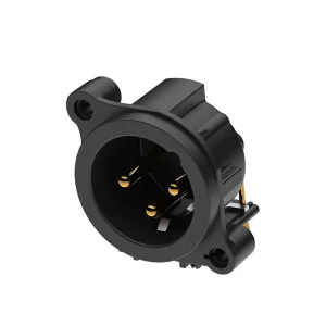 Newtide XRA0385-3P1 3-pole XLR male chassis connector, horizontal PCB mount (90 degree) , thermoplastic housing.