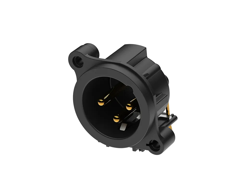 Newtide XRA0385-3P1 3-pole XLR male chassis connector, horizontal PCB mount (90 degree) , thermoplastic housing.