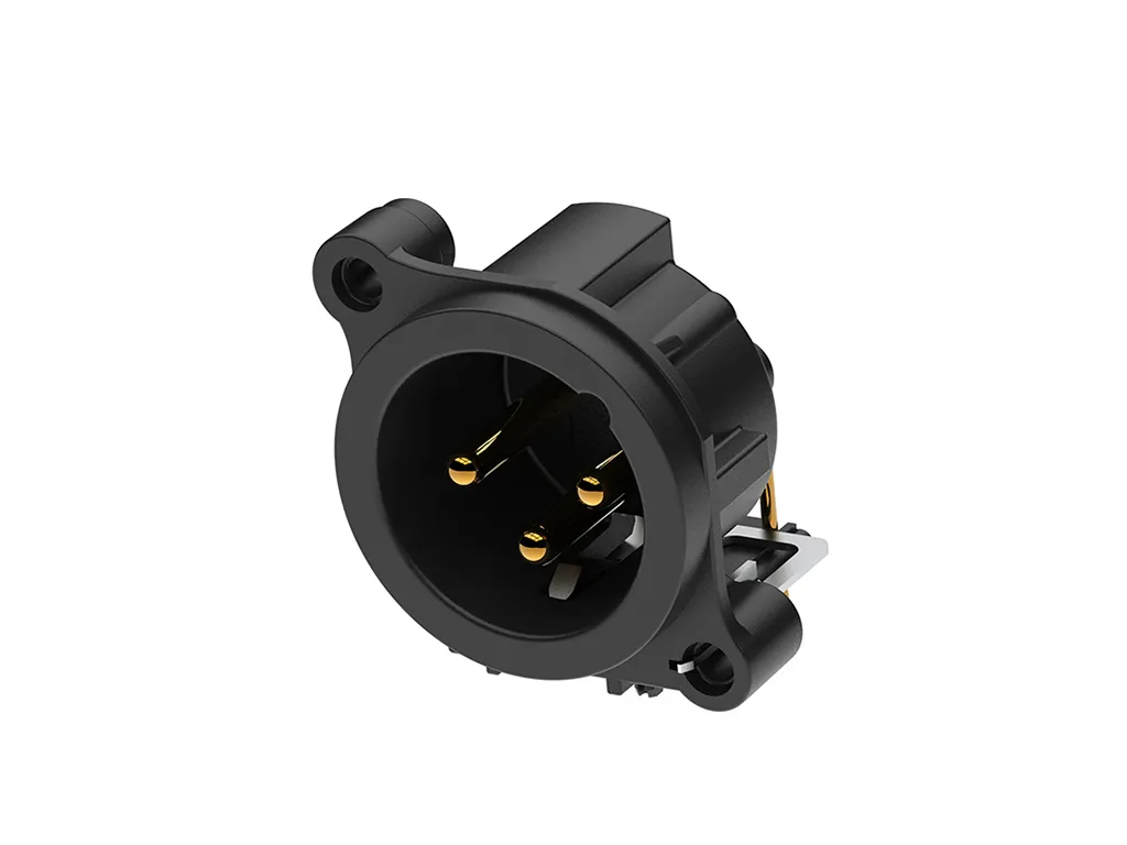 Newtide XRA0385-3P2 3-pole XLR male chassis connector, horizontal PCB mount (90 degree) , thermoplastic housing.