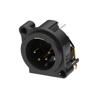 Newtide XRA0385-4P 4-pole XLR male chassis connector, horizontal PCB mount (90 degree) , thermoplastic housing.