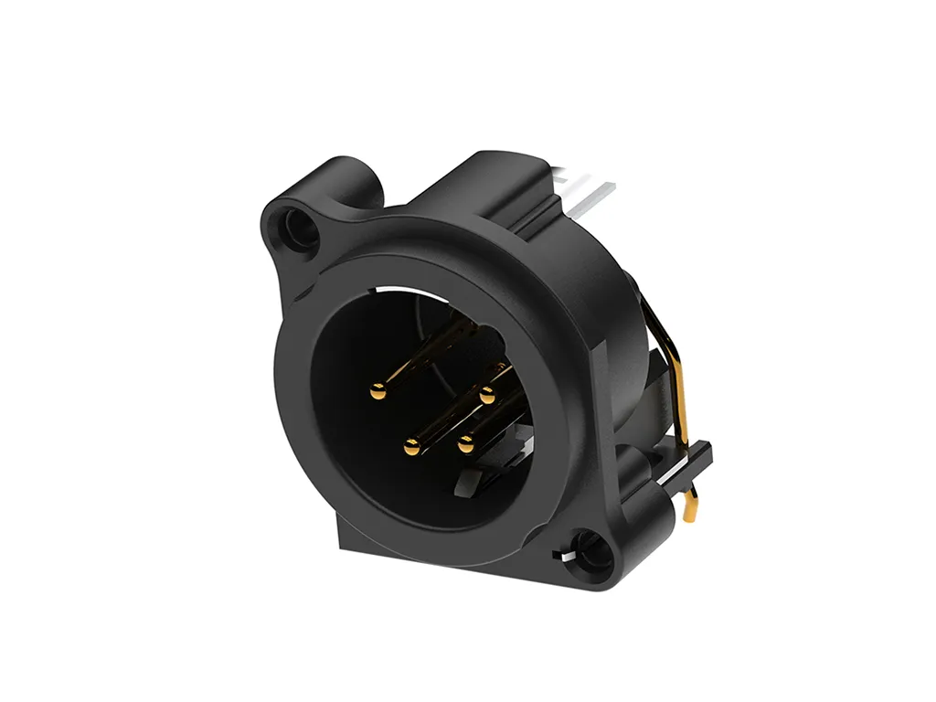 Newtide XRA0385-4P 4-pole XLR male chassis connector, horizontal PCB mount (90 degree) , thermoplastic housing.