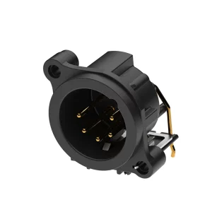 Newtide XRA0385-5P 5-pole XLR male chassis connector, horizontal PCB mount (90 degree) , thermoplastic housing.