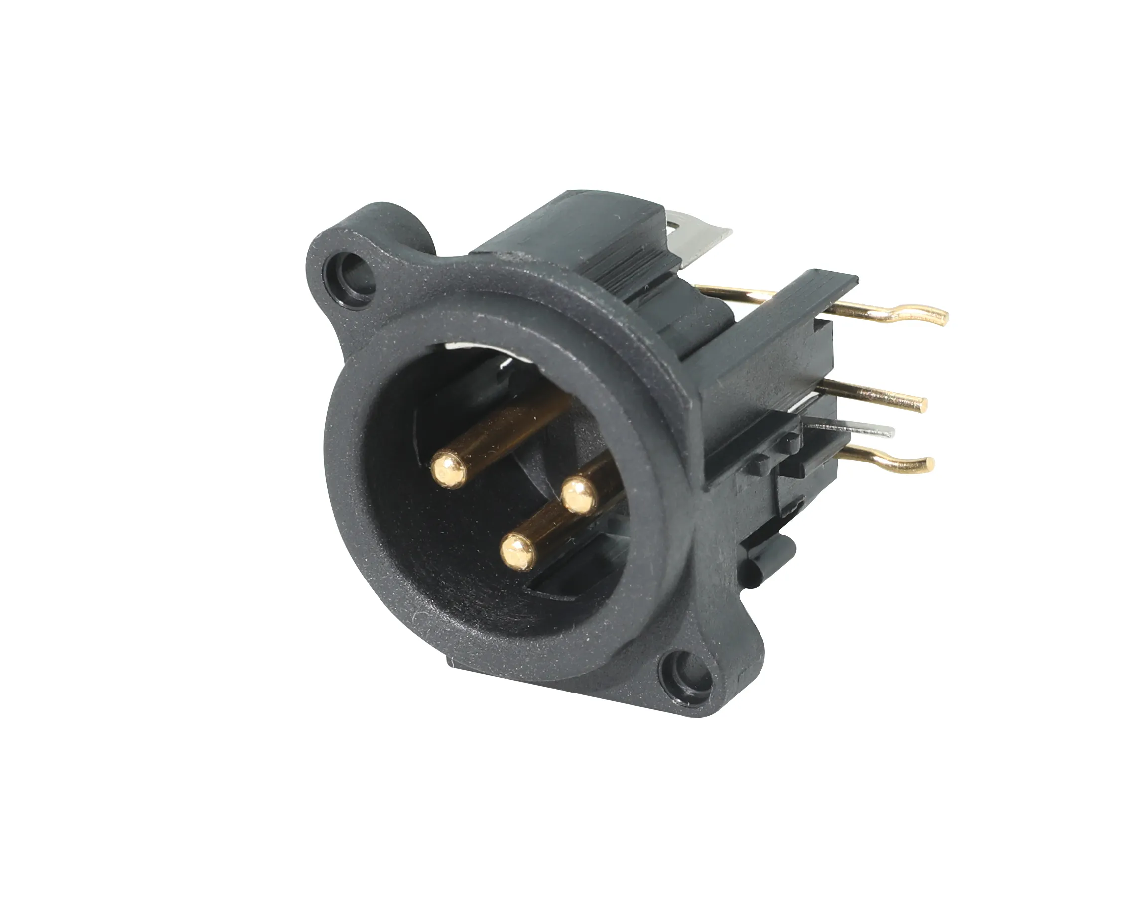 Newtide XRA0389-3P 3-pole XLR male chassis connector, Laterial right PCB mount , thermoplastic housing.