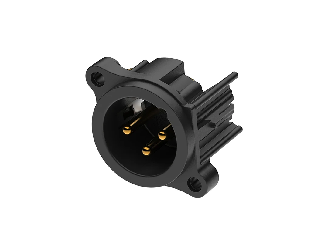 Newtide XRA0389-3PL 3-pole XLR male chassis connector, Laterial left PCB mount , thermoplastic housing.