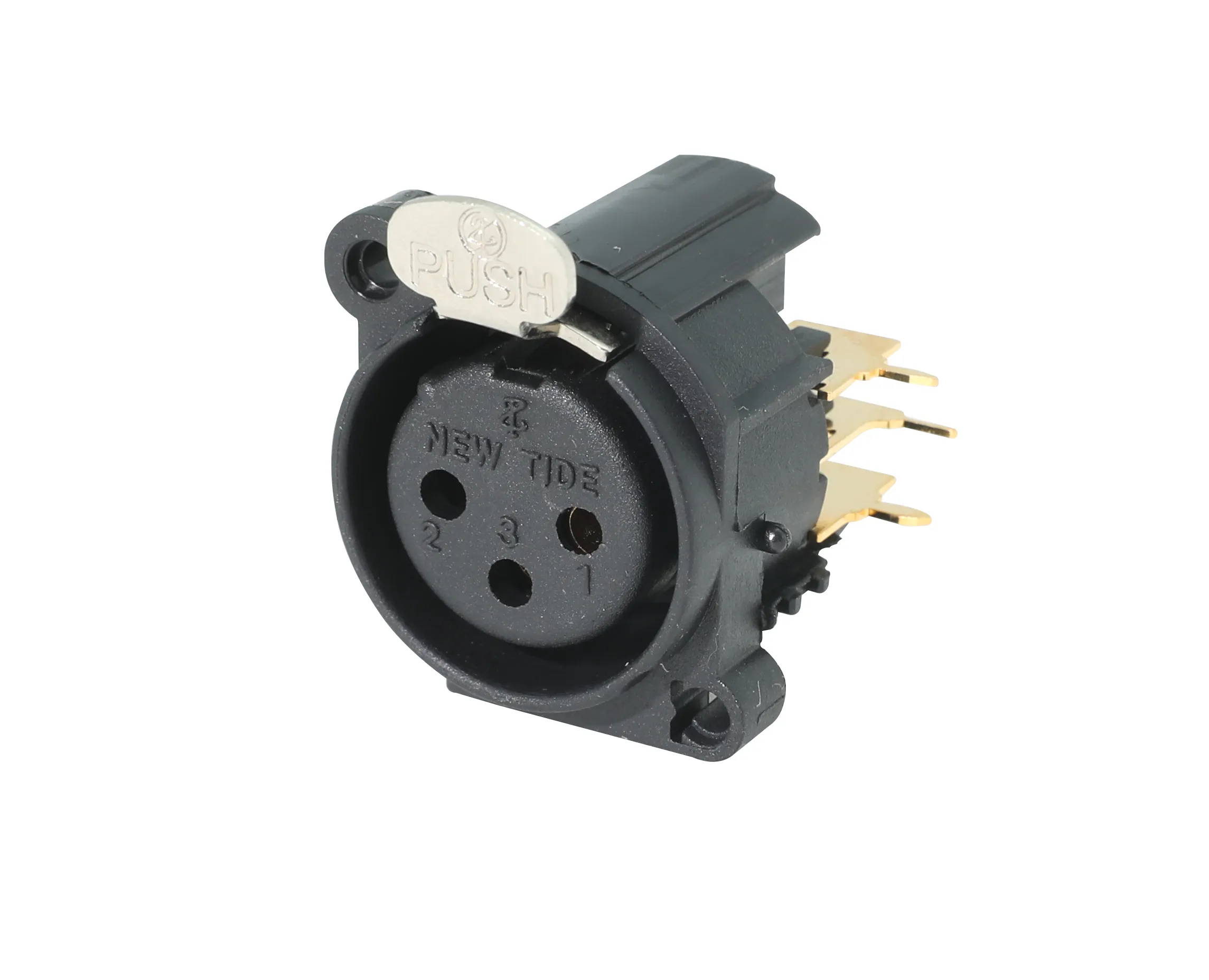 Newtide XRA0391-3P 3-pole XLR female chassis connector with push locking latch, Laterial right PCB mount , thermoplastic housing.