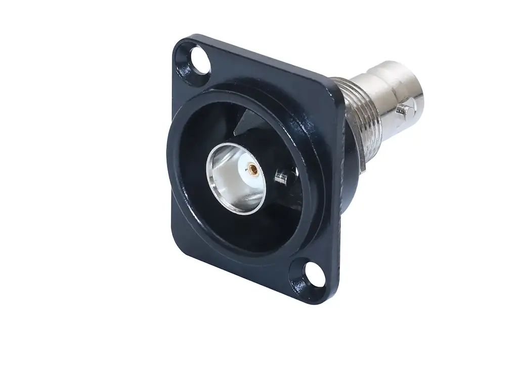 Newtide BNC2230B grounded BNC chassis connector, feedthrough in black D-shape metal housing.