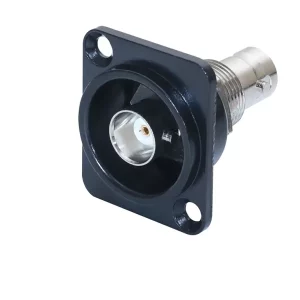 Newtide BNC2231B grounded BNC chassis connector, feedthrough in black D-shape metal housing, true 75 Ω design for HD signals.