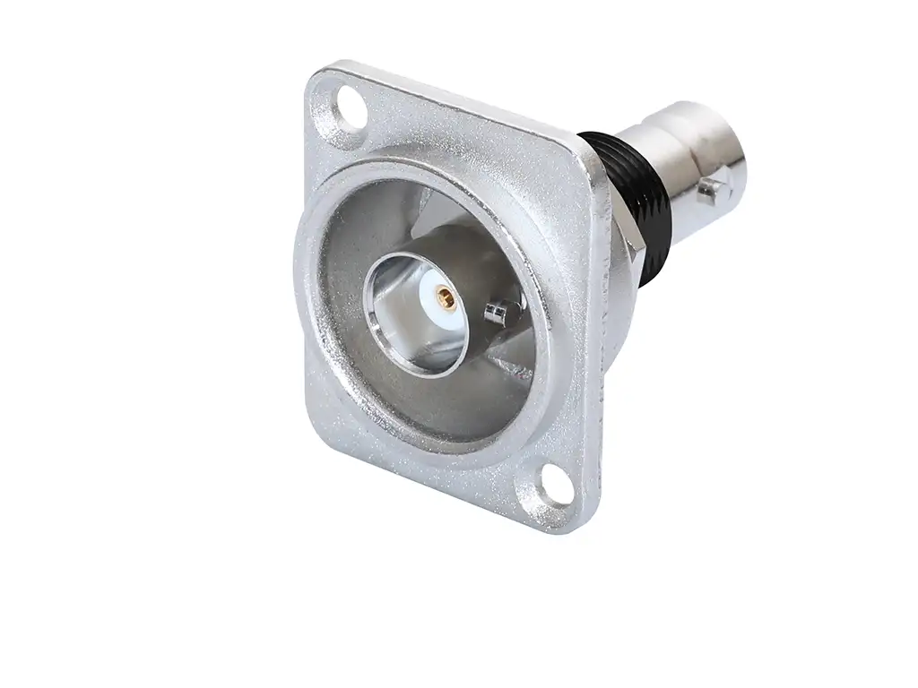 Newtide BNC2232 isolated BNC chassis connector, feedthrough in nickel D-shape metal housing.