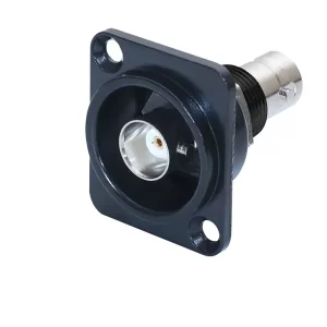 Newtide BNC2232B isolated BNC chassis connector, feedthrough in black D-shape metal housing.