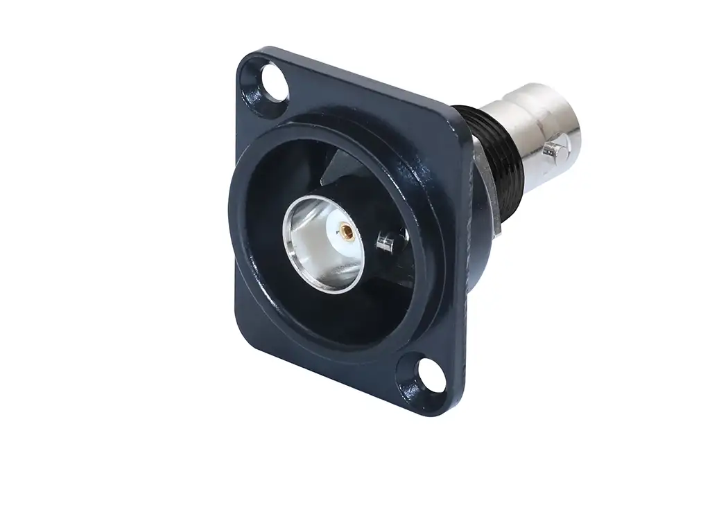 Newtide BNC2232B isolated BNC chassis connector, feedthrough in black D-shape metal housing.