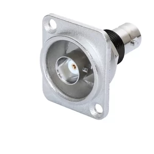 Newtide BNC2233 isolated BNC chassis connector, feedthrough in nickel D-shape metal housing, true 75 Ω design for HD signals.