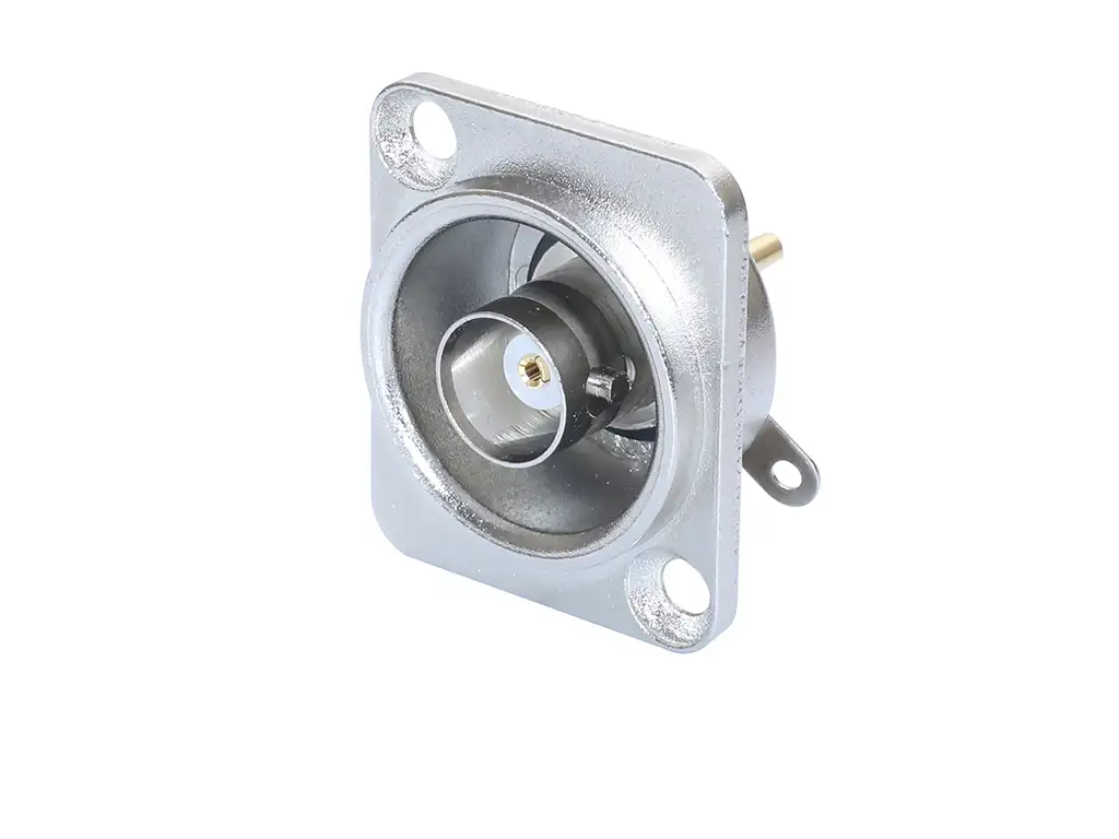 Newtide BNC2242 isolated BNC chassis connector, solder version in nickel D-shape metal housing, true 75 Ω design for HD signals.