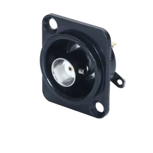 Newtide BNC2242B isolated BNC chassis connector, solder version in black D-shape metal housing, true 75 Ω design for HD signals.