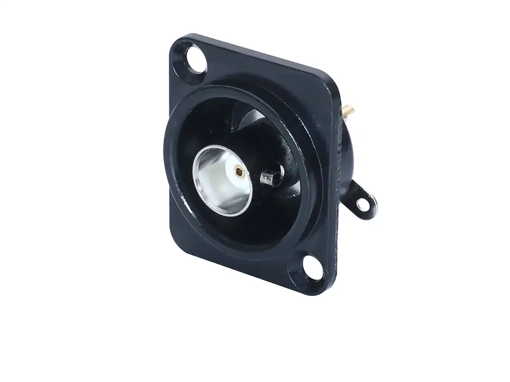 Newtide BNC2242B isolated BNC chassis connector, solder version in black D-shape metal housing, true 75 Ω design for HD signals.