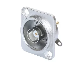 Newtide BNC2243 grounded BNC chassis connector, solder version in nickel D-shape metal housing, true 75 Ω design for HD signals.