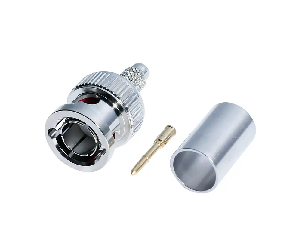 Newtide BNC2301 75 ohm 12G-SDI BNC male crimp connector for Canare L-5.5CUHD, supporting 4K/8K UHD video signals.