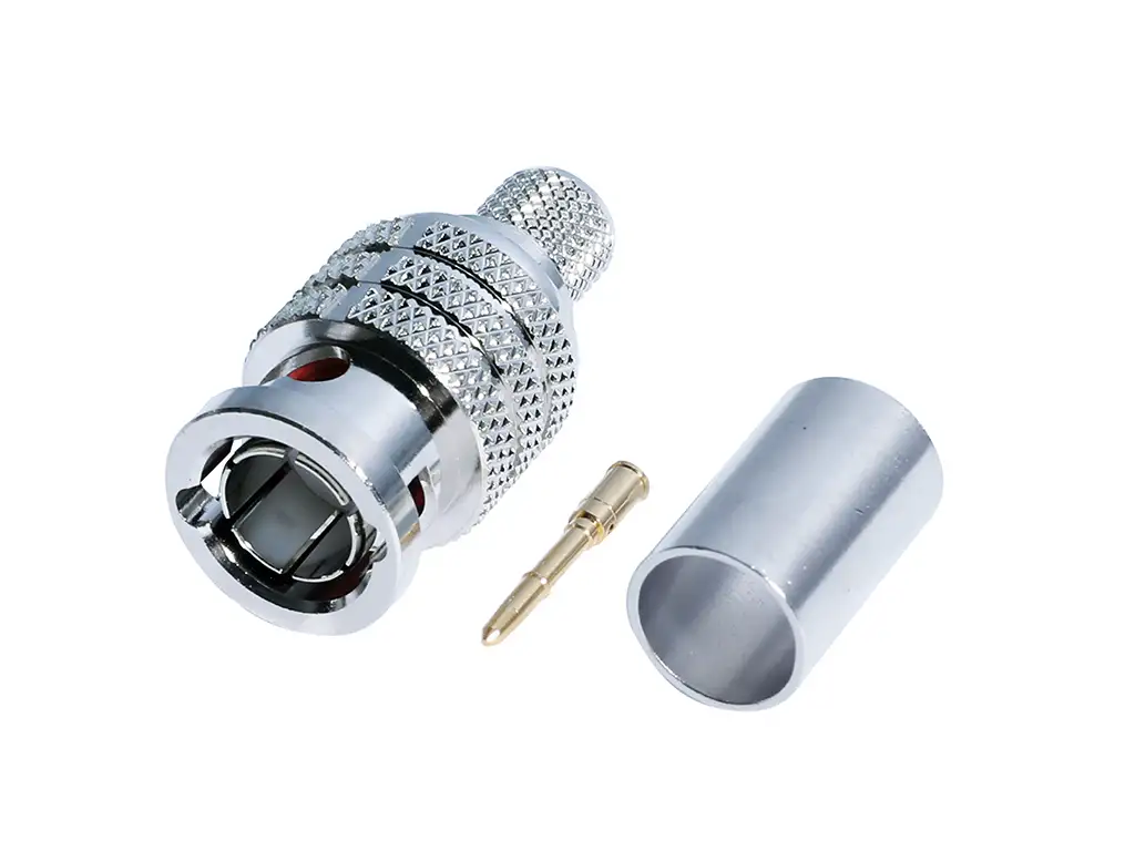 Newtide BNC2303 75 ohm 12G-SDI BNC male crimp connector for Canare L-5.5CUHD, supporting 4K/8K UHD video signals.