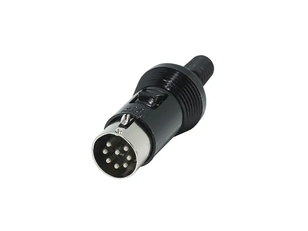 Newtide DIN1938-8P 8-pole DIN male cable connector (MIDI plug), fully screened metal housing with strain relief.