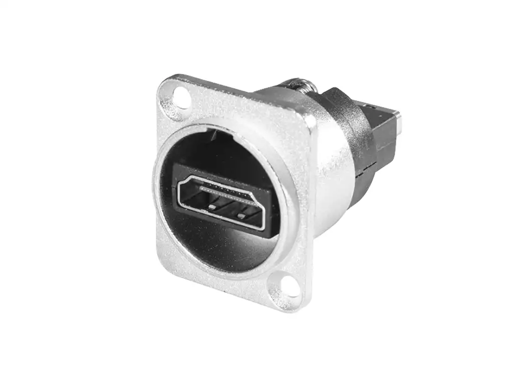 Newtide HDMI2260 HDMI female chassis connector (feedthrough) with nickel-plated D-shape metal housing.