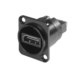 Newtide HDMI2260B HDMI female chassis connector (feedthrough) with black-plated D-shape metal housing.