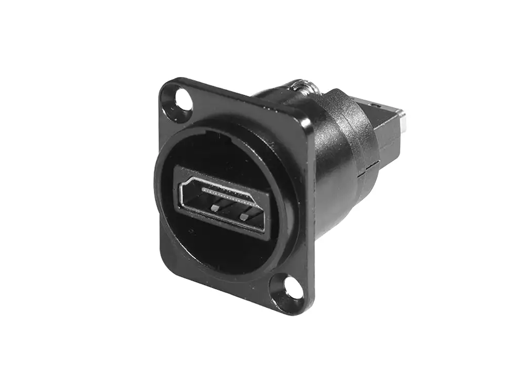 Newtide HDMI2260B HDMI female chassis connector (feedthrough) with black-plated D-shape metal housing.