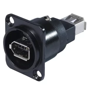 Newtide IE2210B IEEE 1394 adaptor, mounted in standardized black D-shape metal chassis housing.