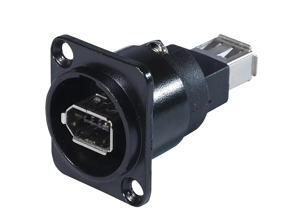 Newtide IE2210B IEEE 1394 adaptor, mounted in standardized black D-shape metal chassis housing.