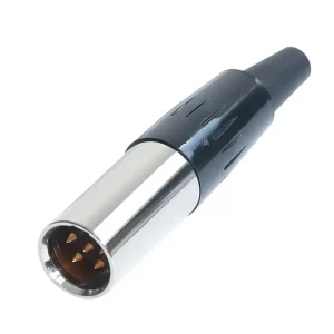 Newtide MXR5010-5P 5-pole MINI XLR male cable connector with nickel-plated metal shell and black strain relief boot.