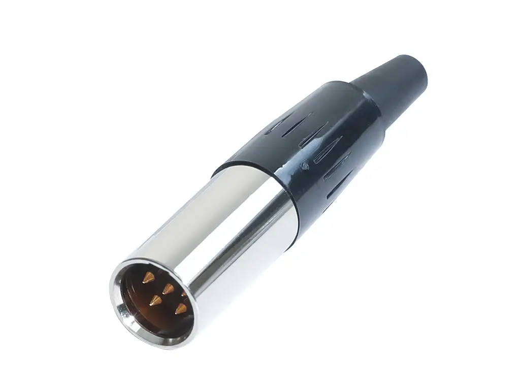 Newtide MXR5010-5P 5-pole MINI XLR male cable connector with nickel-plated metal shell and black strain relief boot.
