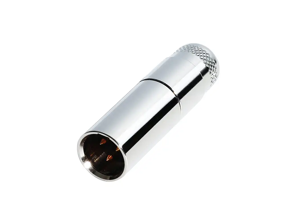 Newtide MXR5012-3P 3-pole MINI XLR male cable connector with nickel-plated metal shell and metal boot.
