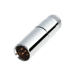 Newtide MXR5012-5P 5-pole MINI XLR male cable connector with nickel-plated metal shell and metal boot.