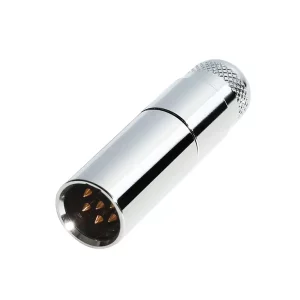 Newtide MXR5012-6P 6-pole MINI XLR male cable connector with nickel-plated metal shell and metal boot.