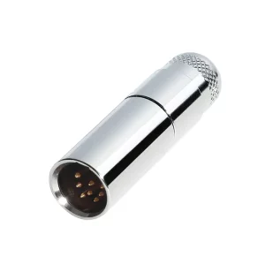 Newtide MXR5012-8P 8-pole MINI XLR male cable connector with nickel-plated metal shell and metal boot.