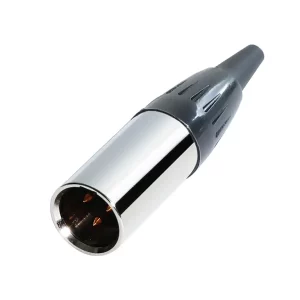 Newtide MXR5013-3P 3-pole MINI XLR male cable connector with nickel-plated metal shell and black strain relief boot.