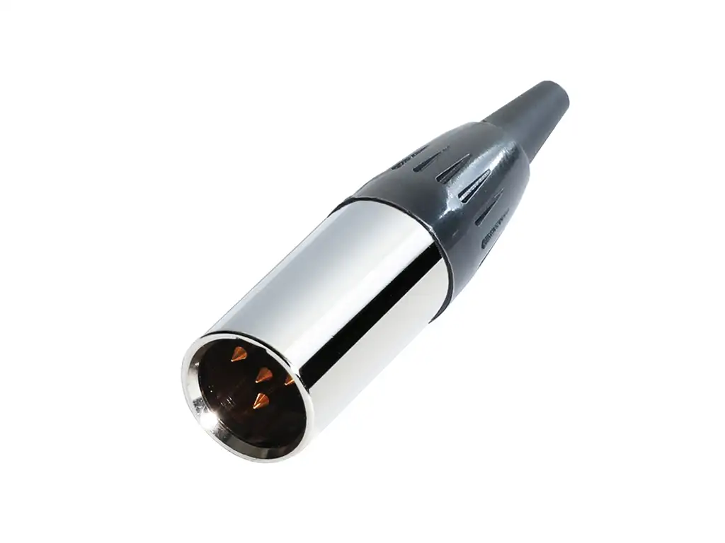 Newtide MXR5013-4P 4-pole MINI XLR male cable connector with nickel-plated metal shell and black strain relief boot.