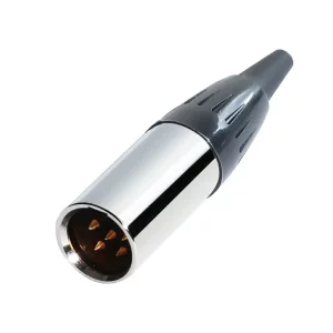 Newtide MXR5013-5P 5-pole MINI XLR male cable connector with nickel-plated metal shell and black strain relief boot.
