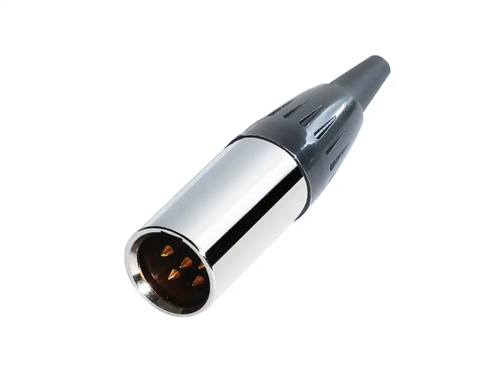 Newtide MXR5013-5P 5-pole MINI XLR male cable connector with nickel-plated metal shell and black strain relief boot.