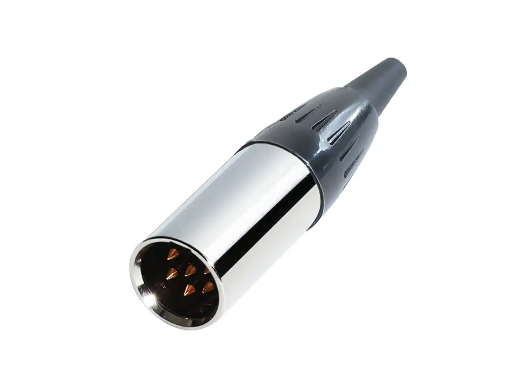Newtide MXR5013-6P 6-pole MINI XLR male cable connector with nickel-plated metal shell and black strain relief boot.