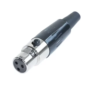 Newtide MXR5020-3P 3-pole MINI XLR female cable connector with push locking latch, nickel-plated metal shell and black strain relief boot.