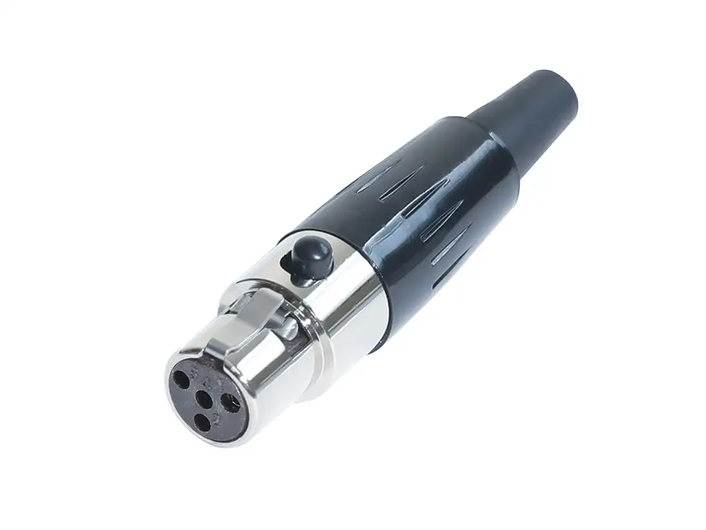 Newtide MXR5020-4P 4-pole MINI XLR female cable connector with push locking latch, nickel-plated metal shell and black strain relief boot.