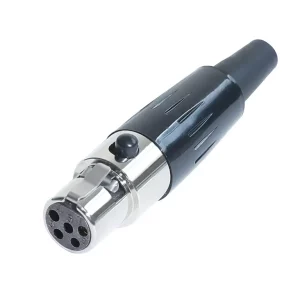 Newtide MXR5020-5P 5-pole MINI XLR female cable connector with push locking latch, nickel-plated metal shell and black strain relief boot.