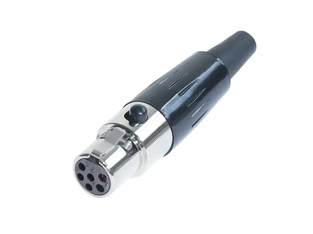 Newtide MXR5020-6P 6-pole MINI XLR female cable connector with push locking latch, nickel-plated metal shell and black strain relief boot.