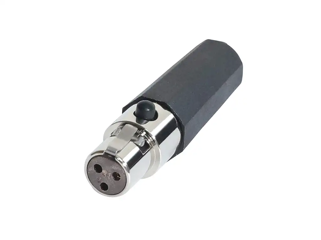 Newtide MXR5021-3P 3-pole MINI XLR female cable connector with push locking latch, nickel-plated metal shell and black strain relief boot.