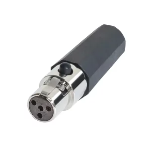 Newtide MXR5021-4P 4-pole MINI XLR female cable connector with push locking latch, nickel-plated metal shell and black strain relief boot.