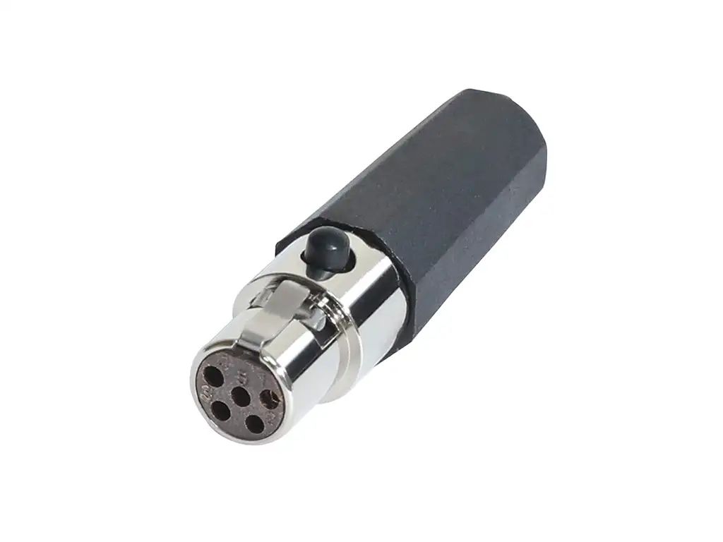 Newtide MXR5021-5P 5-pole MINI XLR female cable connector with push locking latch, nickel-plated metal shell and black strain relief boot.