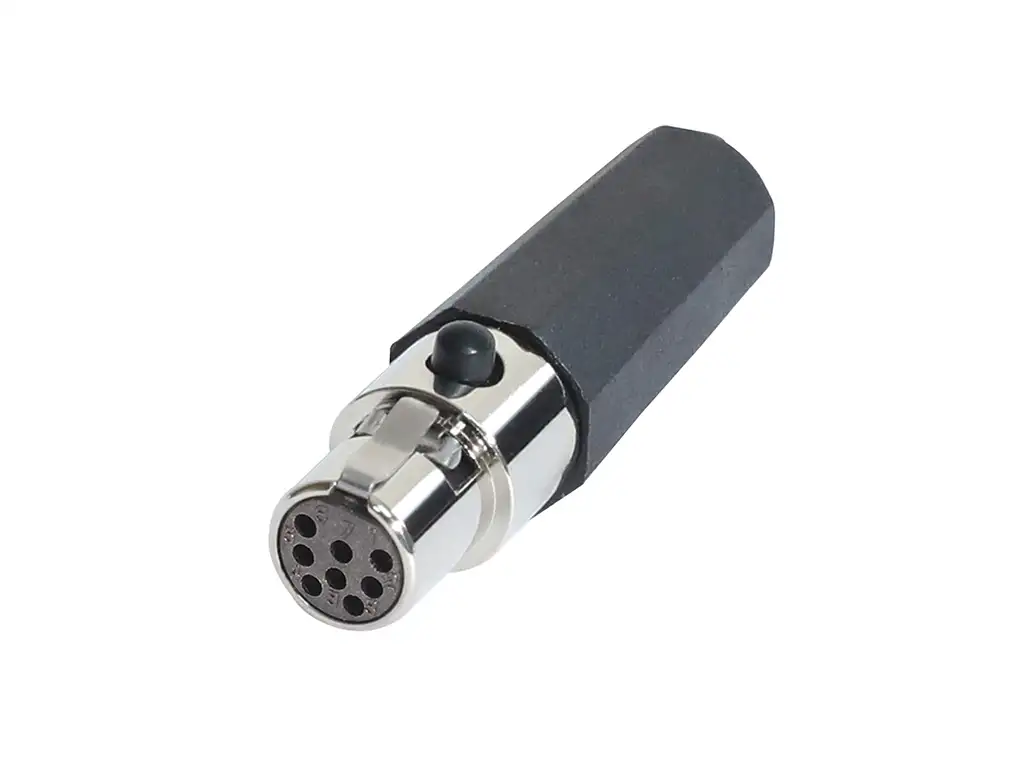 Newtide MXR5021-8P 8-pole MINI XLR female cable connector with push locking latch, nickel-plated metal shell and black strain relief boot.