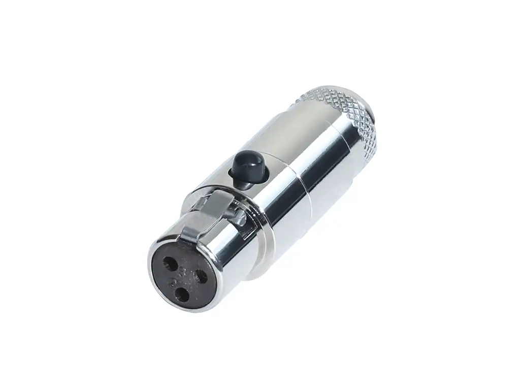 Newtide MXR5022-3P 3-pole MINI XLR female cable connector with push locking latch, nickel-plated metal shell and metal boot.