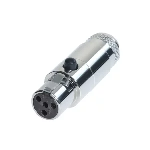 Newtide MXR5022-4P 4-pole MINI XLR female cable connector with push locking latch, nickel-plated metal shell and metal boot.