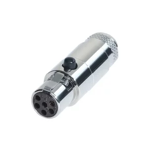 Newtide MXR5022-6P 6-pole MINI XLR female cable connector with push locking latch, nickel-plated metal shell and metal boot.