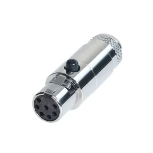 Newtide MXR5022-7P 7-pole MINI XLR female cable connector with push locking latch, nickel-plated metal shell and metal boot.